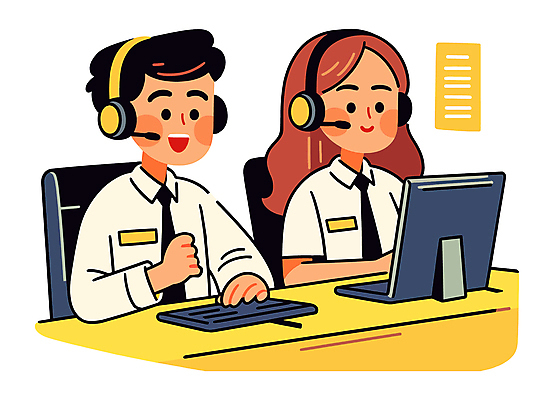 여자 남자 유니폼 일러스트 친절 대화 미소 성인 두명 컴퓨터 노란색 헤드셋 타이핑 상담원 책상 상담 통화 성인만 국내일러스트 AI파일 옷 컬러 음향기기 가구 모션 표정 말하기 사람 전자제품 헤드폰 사무원 파일형식 벡터