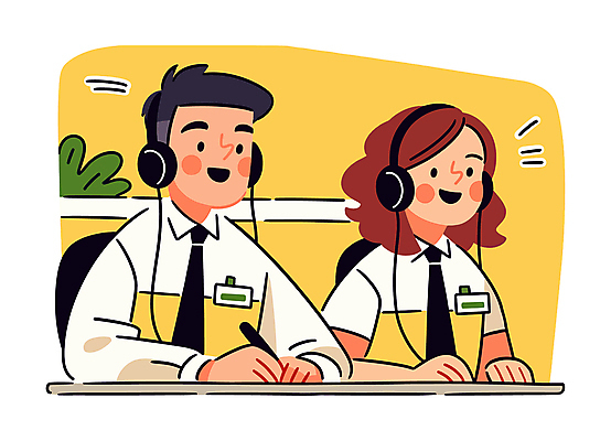 여자 남자 유니폼 일러스트 친절 대화 미소 성인 두명 펜 노란색 헤드셋 기록 상담원 책상 상담 통화 성인만 국내일러스트 AI파일 옷 컬러 음향기기 가구 모션 표정 말하기 사람 필기구 헤드폰 사무원 파일형식 벡터