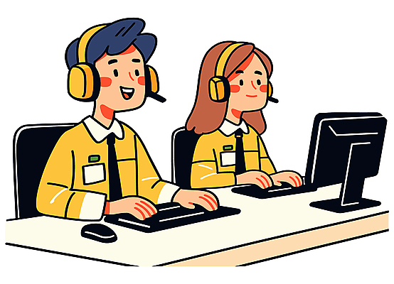 여자 남자 유니폼 일러스트 친절 대화 미소 성인 두명 컴퓨터 노란색 헤드셋 타이핑 상담원 책상 상담 통화 성인만 국내일러스트 AI파일 옷 컬러 음향기기 가구 모션 표정 말하기 사람 전자제품 헤드폰 사무원 파일형식 벡터