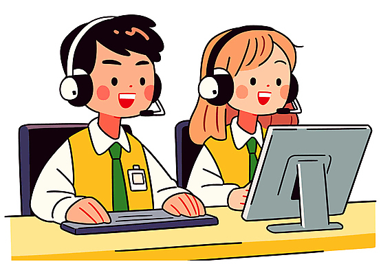 여자 남자 유니폼 일러스트 친절 대화 미소 성인 두명 컴퓨터 노란색 헤드셋 타이핑 상담원 책상 상담 통화 성인만 국내일러스트 AI파일 옷 컬러 음향기기 가구 모션 표정 말하기 사람 전자제품 헤드폰 사무원 파일형식 벡터