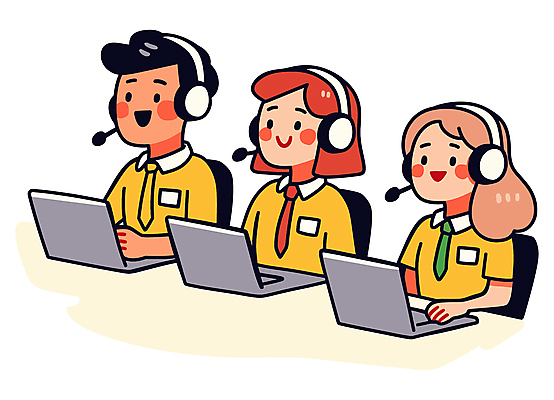 여자 남자 유니폼 일러스트 친절 대화 미소 성인 세명 노트북 노란색 헤드셋 타이핑 상담원 책상 상담 통화 나란히 성인만 국내일러스트 AI파일 옷 컬러 음향기기 가구 모션 표정 말하기 사람 전자제품 헤드폰 사무원 파일형식 벡터