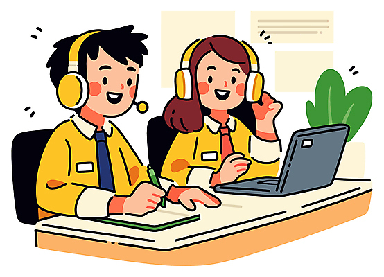 식물 여자 남자 유니폼 일러스트 친절 대화 미소 성인 두명 노트북 펜 노란색 헤드셋 공책 타이핑 기록 상담원 책상 상담 통화 성인만 국내일러스트 AI파일 옷 컬러 음향기기 가구 모션 문구용품 표정 말하기 사람 전자제품 필기구 헤드폰 사무원 파일형식 벡터