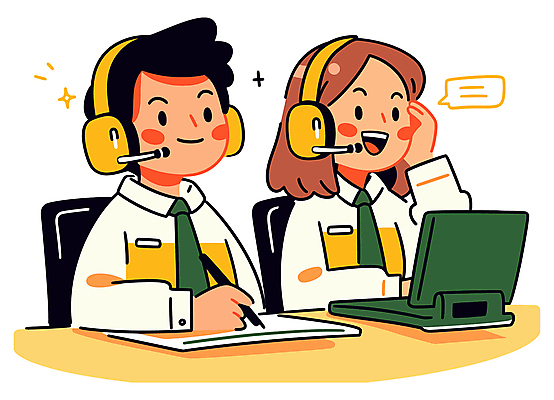 여자 남자 유니폼 일러스트 친절 대화 미소 성인 두명 반짝임 컴퓨터 태블릿 노란색 헤드셋 상담원 책상 상담 통화 성인만 태블릿펜 국내일러스트 AI파일 옷 컬러 음향기기 가구 모션 표정 말하기 사람 전자제품 스마트기기 펜 헤드폰 사무원 파일형식 벡터