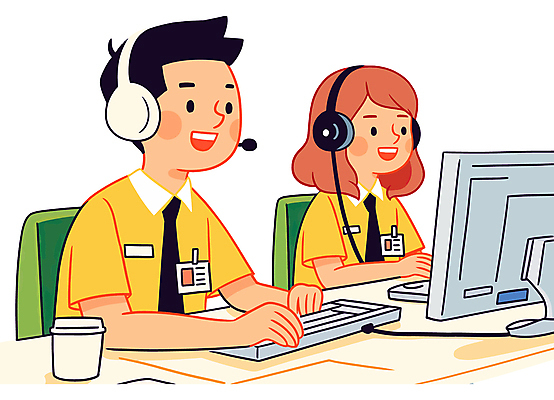여자 남자 유니폼 일러스트 친절 대화 미소 성인 두명 컴퓨터 노란색 헤드셋 타이핑 상담원 책상 상담 통화 테이크아웃컵 성인만 국내일러스트 AI파일 옷 컬러 음향기기 가구 모션 표정 말하기 사람 컵 전자제품 헤드폰 사무원 파일형식 벡터