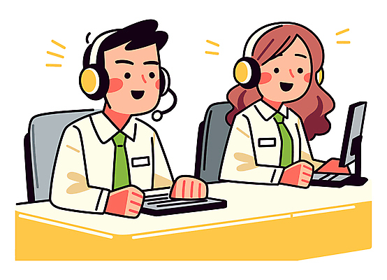 여자 남자 유니폼 일러스트 친절 대화 미소 성인 두명 컴퓨터 노란색 헤드셋 타이핑 상담원 책상 상담 통화 성인만 국내일러스트 AI파일 옷 컬러 음향기기 가구 모션 표정 말하기 사람 전자제품 헤드폰 사무원 파일형식 벡터