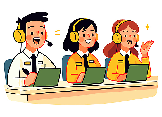 여자 남자 유니폼 일러스트 친절 대화 미소 성인 세명 노트북 반짝임 노란색 손들기 헤드셋 상담원 책상 상담 통화 성인만 국내일러스트 AI파일 옷 컬러 음향기기 가구 모션 표정 말하기 사람 전자제품 헤드폰 사무원 파일형식 벡터