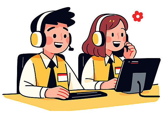 여자 남자 꽃 유니폼 일러스트 친절 대화 미소 성인 두명 컴퓨터 노란색 헤드셋 타이핑 상담원 책상 상담 통화 성인만 국내일러스트 AI파일 식물 옷 컬러 음향기기 가구 모션 표정 말하기 사람 전자제품 헤드폰 사무원 파일형식 벡터