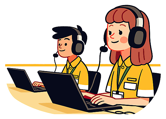 여자 남자 유니폼 의자 일러스트 친절 대화 미소 앉기 성인 두명 노트북 노란색 헤드셋 타이핑 상담원 책상 상담 통화 성인만 국내일러스트 AI파일 옷 컬러 음향기기 가구 모션 표정 말하기 사람 전자제품 헤드폰 사무원 파일형식 벡터