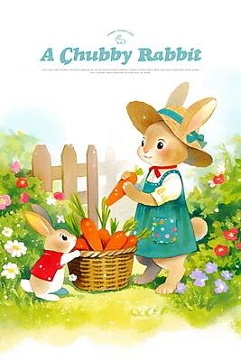 전신 PSD 채소 일러스트 자연 들기 사람없음 연두색 농장 바구니 마주보기 귀여움 봄 당근 들꽃 수확 시골 토끼캐릭터 밀짚모자 나무울타리 국내일러스트 모자_잡화 계절 꽃 동물캐릭터 컨셉 농업 모션 뿌리채소 초록색 울타리 토끼 생태계 파일형식