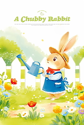 전신 PSD 식물 꽃 일러스트 자연 들기 사람없음 연두색 울타리 귀여움 정원 스카프 앞치마 봄 물뿌리개 들꽃 시골 풀 토끼캐릭터 물주기 밀짚모자 국내일러스트 모자_잡화 계절 동물캐릭터 컨셉 모션 초록색 담장 목도리 토끼 생태계 파일형식