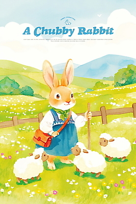 전신 PSD 구름 가방 일러스트 자연 지팡이 하늘 동화 산 들기 잔디 초원 사람없음 연두색 귀여움 스카프 봄 들꽃 시골 양 풀 양치기 언덕 토끼캐릭터 나무울타리 국내일러스트 자연요소 식물 직업 잡화 계절 꽃 동물캐릭터 컨셉 포유류 모션 초록색 울타리 목도리 토끼 생태계 파일형식