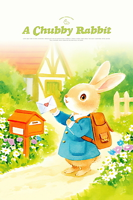 전신 PSD 꽃 길 유니폼 일러스트 배낭 동화 주택 들기 잔디 사람없음 연두색 울타리 귀여움 봄 우체통 시골 풀 편지 우체부 토끼캐릭터 국내일러스트 식물 직업 옷 계절 동물캐릭터 컨셉 가방 모션 건물 초록색 담장 토끼 파일형식