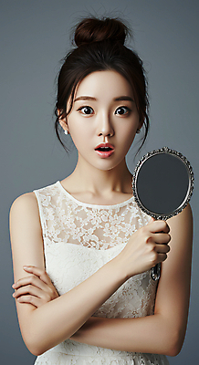 JPG 편집이미지 여자 한명 들기 상반신 성인 앞모습 뷰티 팔짱 놀람 손거울 의료성형뷰티 성인여자한명만 편집실사 AI인물포토 AI콘텐츠 1 감정 뷰포인트 모션 표정 사람 거울 CG 여자한명만 성인여자만 파일형식 AI포토