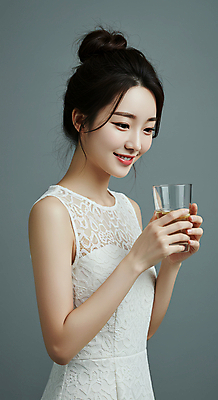 JPG 편집이미지 여자 한명 미소 들기 상반신 성인 옆모습 뷰티 물컵 의료성형뷰티 성인여자한명만 편집실사 AI인물포토 AI콘텐츠 1 뷰포인트 모션 표정 사람 컵 CG 여자한명만 성인여자만 파일형식 AI포토