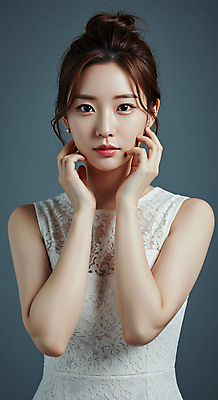 JPG 편집이미지 여자 한명 미소 상반신 성인 앞모습 뷰티 꽃받침 의료성형뷰티 성인여자한명만 편집실사 AI인물포토 AI콘텐츠 1 뷰포인트 표정 사람 손짓 CG 여자한명만 성인여자만 파일형식 AI포토