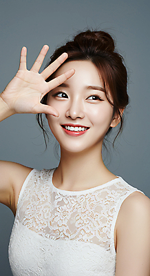 JPG 편집이미지 여자 손바닥 한명 미소 상반신 성인 뷰티 손들기 얼굴가리기 의료성형뷰티 성인여자한명만 편집실사 AI인물포토 AI콘텐츠 1 손 모션 표정 사람 가림 CG 여자한명만 성인여자만 파일형식 AI포토