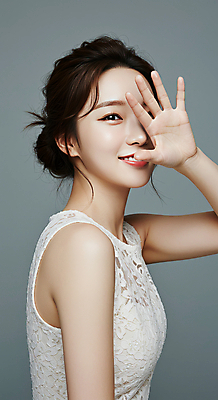 JPG 편집이미지 응시 여자 손바닥 한명 미소 상반신 성인 옆모습 뷰티 손들기 얼굴가리기 의료성형뷰티 성인여자한명만 편집실사 AI인물포토 AI콘텐츠 1 손 시선 뷰포인트 모션 표정 사람 가림 CG 여자한명만 성인여자만 파일형식 AI포토