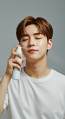 JPG 편집이미지 남자 한명 들기 상반신 성인 앞모습 눈감음 뿌리기 피부관리 스킨케어 미스트 의료성형뷰티 성인남자한명만 그루밍족 피부건강 편집실사 AI인물포토 AI콘텐츠 1 뷰포인트 모션 건강 사람 뷰티 화장품 CG 남자한명만 성인남자만 파일형식 AI포토