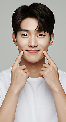 JPG 편집이미지 남자 한명 미소 들기 상반신 성인 앞모습 화장품 가리킴 볼 피부관리 스킨케어 의료성형뷰티 성인남자한명만 그루밍족 피부건강 편집실사 AI인물포토 AI콘텐츠 1 뷰포인트 모션 표정 건강 사람 손짓 신체부위 뷰티 CG 남자한명만 성인남자만 파일형식 AI포토