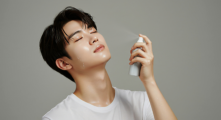 JPG 편집이미지 남자 한명 들기 상반신 성인 눈감음 뿌리기 피부관리 스킨케어 미스트 의료성형뷰티 성인남자한명만 그루밍족 피부건강 편집실사 AI인물포토 AI콘텐츠 1 모션 건강 사람 뷰티 화장품 CG 남자한명만 성인남자만 파일형식 AI포토