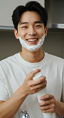 JPG 편집이미지 남자 한명 미소 들기 상반신 성인 앞모습 피부관리 스킨케어 면도크림 의료성형뷰티 성인남자한명만 그루밍족 피부건강 편집실사 AI인물포토 AI콘텐츠 1 뷰포인트 모션 표정 건강 사람 위생용품 뷰티 CG 남자한명만 성인남자만 파일형식 AI포토