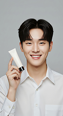 JPG 편집이미지 남자 한명 미소 들기 상반신 성인 앞모습 화장품 피부관리 스킨케어 의료성형뷰티 성인남자한명만 그루밍족 피부건강 편집실사 AI인물포토 AI콘텐츠 1 뷰포인트 모션 표정 건강 사람 뷰티 CG 남자한명만 성인남자만 파일형식 AI포토