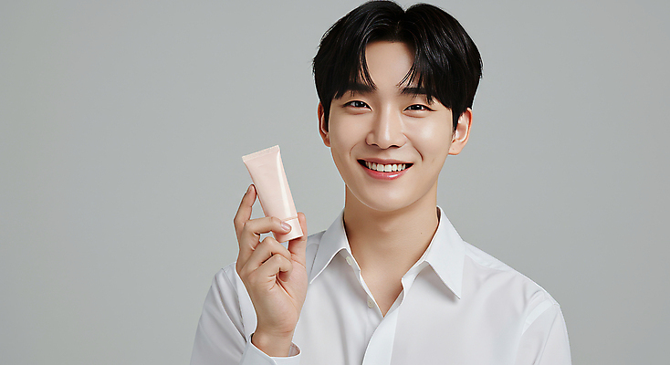 JPG 편집이미지 남자 한명 미소 들기 상반신 성인 앞모습 화장품 피부관리 스킨케어 의료성형뷰티 성인남자한명만 그루밍족 피부건강 편집실사 AI인물포토 AI콘텐츠 1 뷰포인트 모션 표정 건강 사람 뷰티 CG 남자한명만 성인남자만 파일형식 AI포토