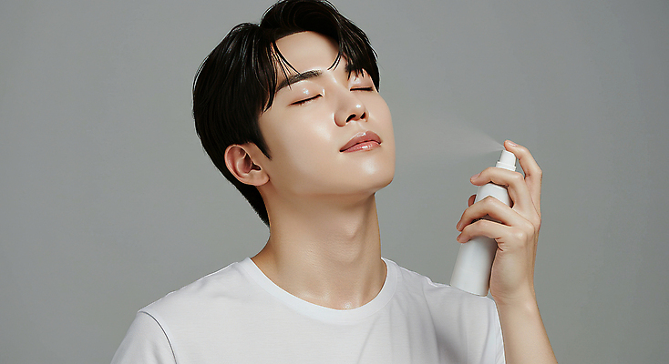 JPG 편집이미지 남자 한명 미소 들기 상반신 성인 눈감음 뿌리기 피부관리 스킨케어 미스트 의료성형뷰티 성인남자한명만 그루밍족 피부건강 편집실사 AI인물포토 AI콘텐츠 1 모션 표정 건강 사람 뷰티 화장품 CG 남자한명만 성인남자만 파일형식 AI포토