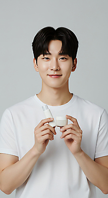 JPG 편집이미지 남자 한명 미소 들기 상반신 성인 앞모습 화장품 피부관리 스킨케어 의료성형뷰티 성인남자한명만 그루밍족 피부건강 편집실사 AI인물포토 AI콘텐츠 1 뷰포인트 모션 표정 건강 사람 뷰티 CG 남자한명만 성인남자만 파일형식 AI포토