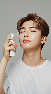 JPG 편집이미지 남자 한명 미소 들기 상반신 성인 앞모습 눈감음 뿌리기 피부관리 스킨케어 미스트 의료성형뷰티 성인남자한명만 그루밍족 피부건강 편집실사 AI인물포토 AI콘텐츠 1 뷰포인트 모션 표정 건강 사람 뷰티 화장품 CG 남자한명만 성인남자만 파일형식 AI포토