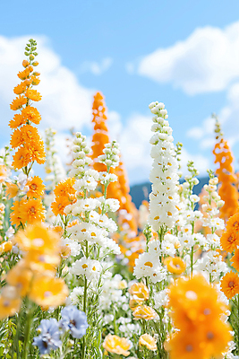 JPG 구름 편집이미지 잎 꽃밭 봄꽃 자연 하늘 풍경 사람없음 주황색 봄풍경 흰색 편집실사 AI포토 AI콘텐츠 자연요소 식물 꽃 컬러 봄 CG 생태계 파일형식