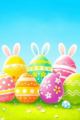 JPG 기독교 하늘색 무늬 일러스트 하늘 잔디 사람없음 들꽃 토끼 토끼머리띠 부활절계란 국내일러스트 AI일러스트 AI콘텐츠 식물 꽃 종교 포유류 부활절 파란색 반려동물 계란 머리띠 파일형식