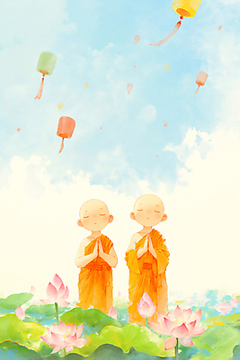 JPG 구름 남자 어린이 불교 일러스트 하늘 소년 두명 눈감음 부처님오신날 기도 연잎 동자승 연등 승복 연꽃차 소년만 국내일러스트 AI일러스트 AI콘텐츠 자연요소 기념일 종교 잎 모션 사람 등불 승려 불교용품 꽃차 남자만 어린이만 파일형식