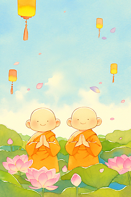 JPG 구름 남자 꽃잎 어린이 불교 일러스트 하늘 소년 두명 부처님오신날 기도 연잎 동자승 연등 승복 연꽃차 소년만 국내일러스트 AI일러스트 AI콘텐츠 자연요소 기념일 꽃 종교 잎 사람 등불 승려 불교용품 꽃차 남자만 어린이만 파일형식