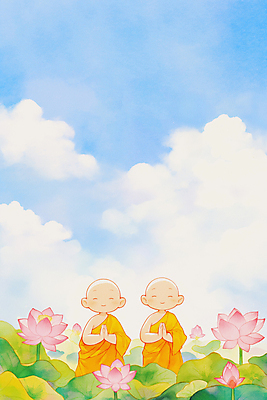 JPG 구름 남자 어린이 불교 일러스트 하늘 소년 두명 눈감음 부처님오신날 기도 연잎 동자승 승복 연꽃차 소년만 국내일러스트 AI일러스트 AI콘텐츠 자연요소 기념일 종교 잎 모션 사람 승려 꽃차 남자만 어린이만 파일형식