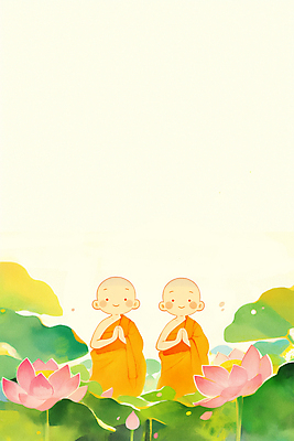 JPG 남자 어린이 불교 일러스트 소년 두명 부처님오신날 기도 연잎 동자승 승복 연꽃차 소년만 국내일러스트 AI일러스트 AI콘텐츠 기념일 종교 잎 사람 승려 꽃차 남자만 어린이만 파일형식