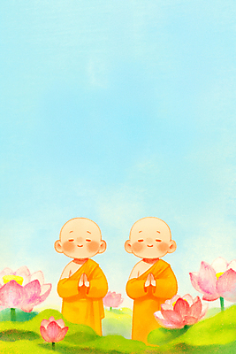JPG 남자 어린이 불교 일러스트 하늘 소년 두명 눈감음 부처님오신날 기도 연잎 동자승 승복 연꽃차 소년만 국내일러스트 AI일러스트 AI콘텐츠 기념일 종교 잎 모션 사람 승려 꽃차 남자만 어린이만 파일형식