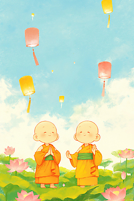 JPG 구름 남자 어린이 불교 일러스트 하늘 소년 두명 눈감음 부처님오신날 기도 연잎 동자승 연등 승복 연꽃차 소년만 국내일러스트 AI일러스트 AI콘텐츠 자연요소 기념일 종교 잎 모션 사람 등불 승려 불교용품 꽃차 남자만 어린이만 파일형식