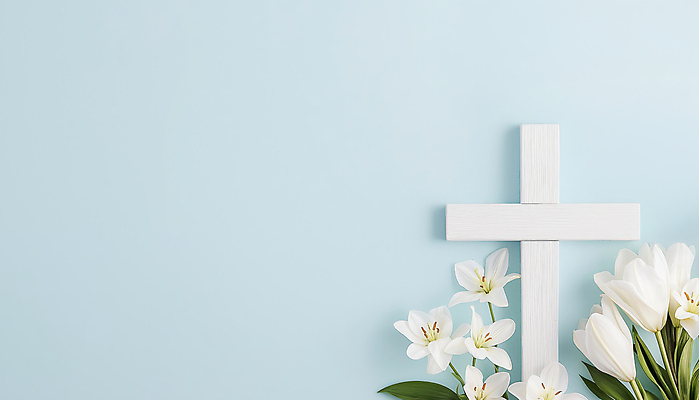 JPG 편집이미지 기독교 하늘색 잎 사람없음 봄 천주교 백합 나무십자가 편집실사 AI포토 AI콘텐츠 식물 계절 꽃 종교 십자가 파란색 CG 파일형식