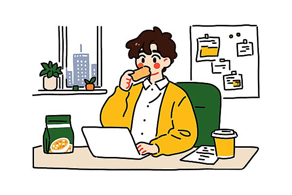 남자 화분 커피 일러스트 창문 휴식 디저트 알림판 한명 들기 앉기 상반신 성인 노트북 사무실 비즈니스맨 책상 문서 간식시간 테이크아웃컵 성인남자한명만 국내일러스트 AI파일 1 음료 음식 가구 컨셉 비즈니스 모션 사람 컵 전자제품 직장인 남자한명만 성인남자만 파일형식 벡터