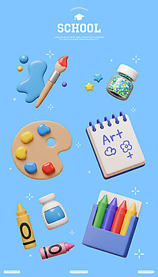 PSD 편집이미지 하늘색 스티커 학교 색연필 미술 사람없음 반짝임 세트 3D 물감 붓 팔레트 병 오브젝트 크레파스 엘리먼트 편집3D 식기 교육 모션 문화예술 학용품 파란색 미술도구 디지털합성 파일형식