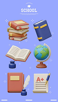 PSD 편집이미지 스티커 학교 잉크 실험 사람없음 세트 독서 펜 지구본 3D 보라색 기록 오브젝트 깃펜 성적표 엘리먼트 잉크통 책더미 편집3D 교육 컬러 통 책 필기구 디지털합성 무더기 파일형식