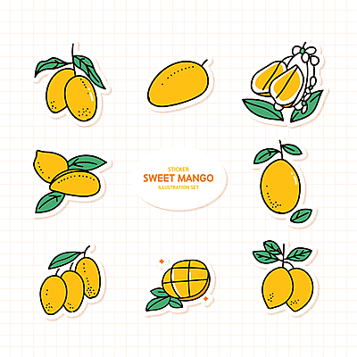 스티커 잎 일러스트 사람없음 세트 노란색 망고 엘리먼트 국내일러스트 AI파일 식물 컬러 열대과일 파일형식 벡터