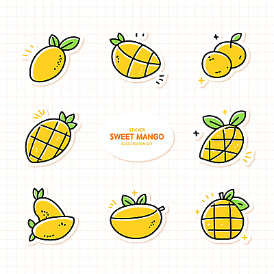 스티커 잎 일러스트 사람없음 세트 노란색 망고 엘리먼트 국내일러스트 AI파일 식물 컬러 열대과일 파일형식 벡터