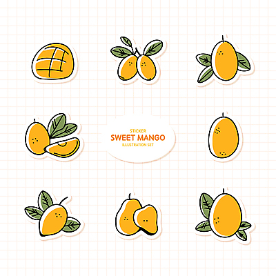 스티커 잎 일러스트 사람없음 세트 노란색 망고 엘리먼트 국내일러스트 AI파일 식물 컬러 열대과일 파일형식 벡터
