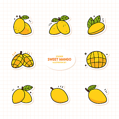스티커 잎 일러스트 사람없음 세트 노란색 망고 엘리먼트 국내일러스트 AI파일 식물 컬러 열대과일 파일형식 벡터