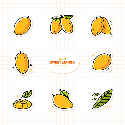 스티커 잎 일러스트 사람없음 세트 노란색 망고 엘리먼트 국내일러스트 AI파일 식물 컬러 열대과일 파일형식 벡터