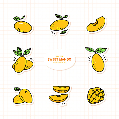 스티커 잎 일러스트 사람없음 세트 노란색 망고 엘리먼트 국내일러스트 AI파일 식물 컬러 열대과일 파일형식 벡터