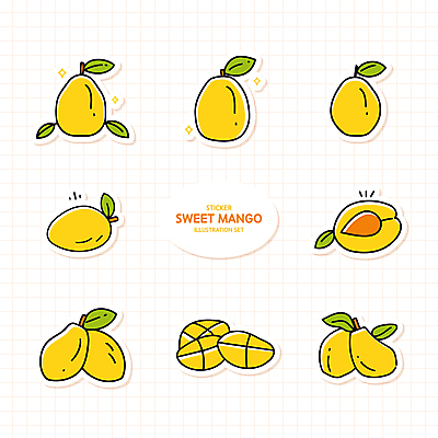 스티커 잎 일러스트 사람없음 세트 노란색 망고 엘리먼트 국내일러스트 AI파일 식물 컬러 열대과일 파일형식 벡터
