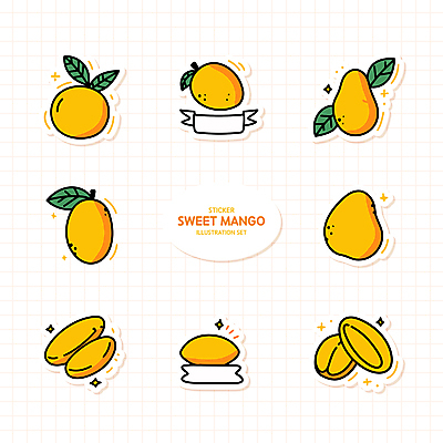 스티커 잎 일러스트 사람없음 반짝임 세트 노란색 망고 엘리먼트 국내일러스트 AI파일 식물 컬러 모션 열대과일 파일형식 벡터